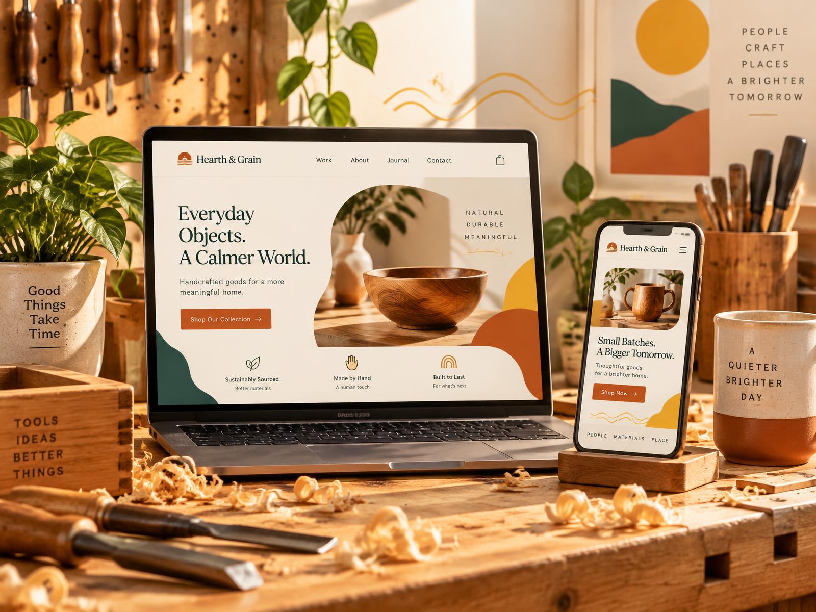 Un site web d'artisan affiché sur un ordinateur et un smartphone posés sur un établi en bois baigné de lumière chaude